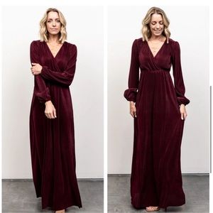 BALTIC BORN Mulberry Wine Pleated Satin Venus Maxi Dress Blogger Favorite